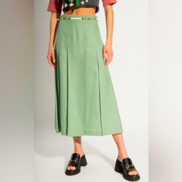Gucci Green Viscose & Linen Pleated Skirt pre-owned size S - Picture 2 of 11